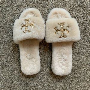 Tory Burch crystal and shearling slides